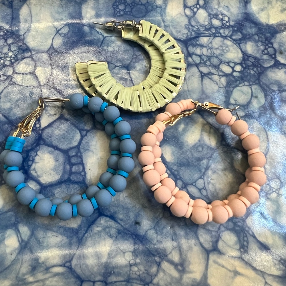 Set of Three Hoop Earrings in Blue, Pink, and Green